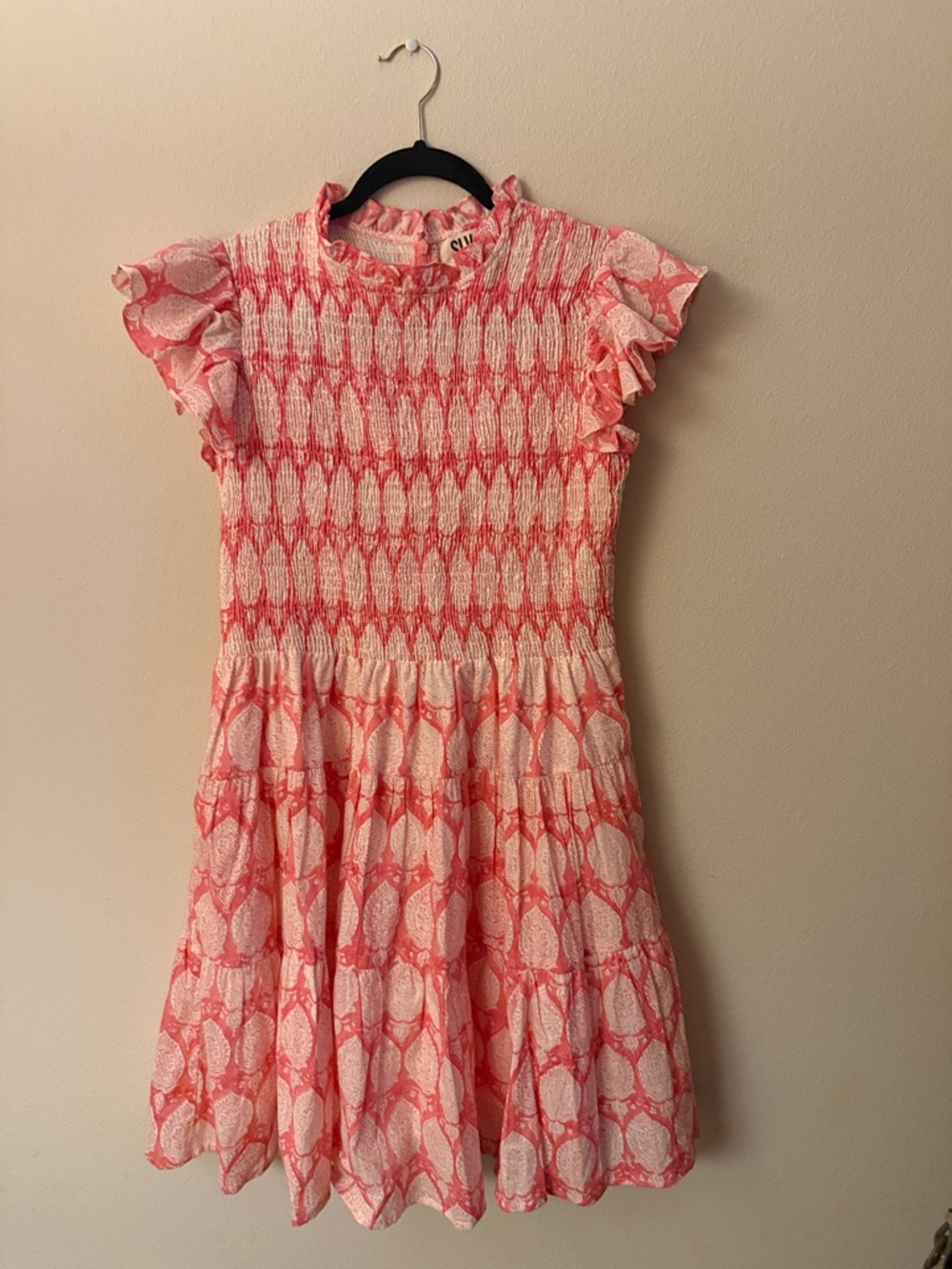 Coral Pink Smocked Casual Dress with Ruffle Sleeves